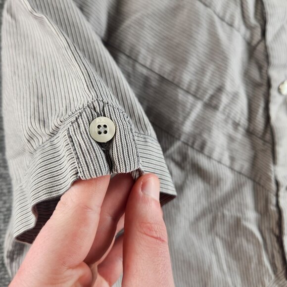 Armani Exchange Large Black White Striped Short Sleeve Pearl Snap Double Collar - Picture 15 of 16